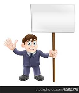 Illustration of a cute businessman holding a sign and waving