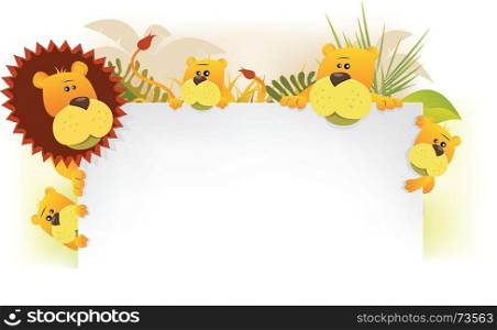 Illustration of a cute cartoon scenery of an african lion family, with king father, mother and their children holding blank white background. Lion King Family Background