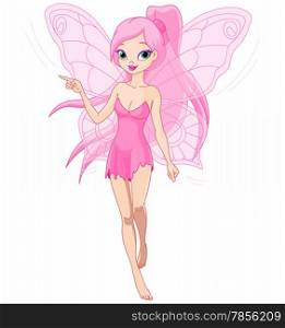 Illustration of a cute pink fairy pointing (showing, presenting)