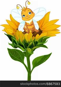 Illustration of a cute queen bee sits on sunflower