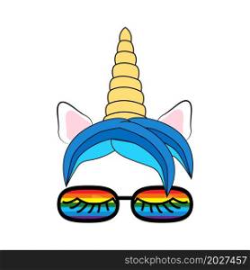Illustration of a cute unicorn face in sunglasses. Rainbow, hearts. illustration of cute unicorn face wearing sunglasses