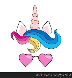 Illustration of a cute unicorn face in sunglasses. Rainbow, hearts. illustration of cute unicorn face wearing sunglasses