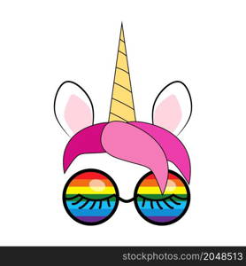 Illustration of a cute unicorn face in sunglasses. Rainbow, hearts. illustration of cute unicorn face wearing sunglasses