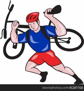 Illustration of a cyclist bicycle carry carrying mountain bike on shoulder running set inside shield crest shape on isolated background done in cartoon style.. Cyclist Carry Mountain Bike on Shoulders Cartoon