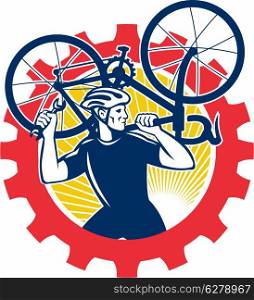 Illustration of a cyclist bicycle mechanic carrying racing bike on shoulder holding spanner wrench looking to side set inside cog mechanical gear sprocket done in retro style.. Cyclist Bicycle Mechanic Carrying Bike Sprocket Retro
