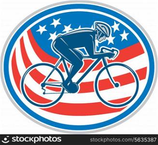 Illustration of a cyclist biking riding mountain bike facing side set inside oval with american flag stars and stripes in the background done in retro style. . Cyclist Riding Mountain Bike American Flag Oval
