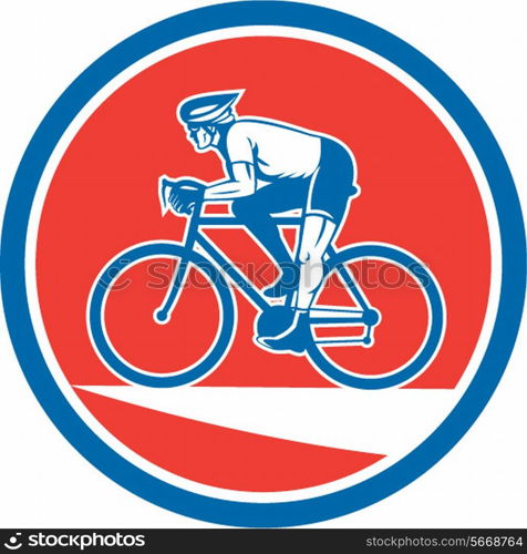 Illustration of a cyclist biking riding mountain bike viewed from the side set inside circle on isolated background done in retro style. . Cyclist Riding Mountain Bike Circle Retro
