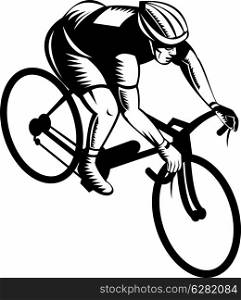illustration of a cyclist man riding racing bicycle done in retro style on isolated white background. cyclist riding bicycle