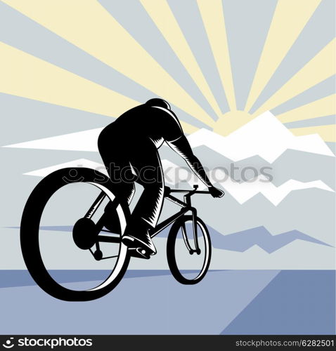 illustration of a cyclist man riding racing bicycle up mountain done in retro style with sunburst in background. cyclist riding bicycle with mountain