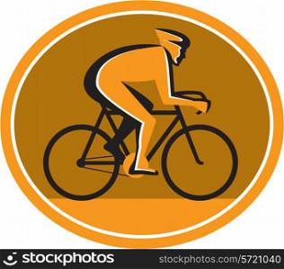 Illustration of a cyclist riding racing bicycle cycling racing side view set inside circle on isolated background done in retro style.. Cyclist Riding Bicycle Cycling Racing Circle Retro