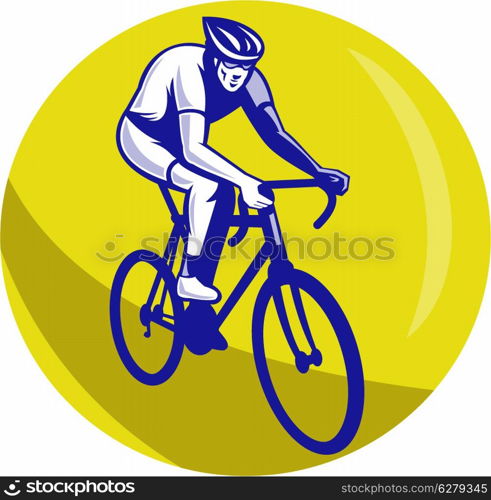 illustration of a Cyclist riding racing bike set inside circle viewed from front done in retro woodcut style.. Cyclist riding racing bike