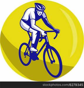 illustration of a Cyclist riding racing bike set inside circle viewed from front done in retro woodcut style.. Cyclist riding racing bike