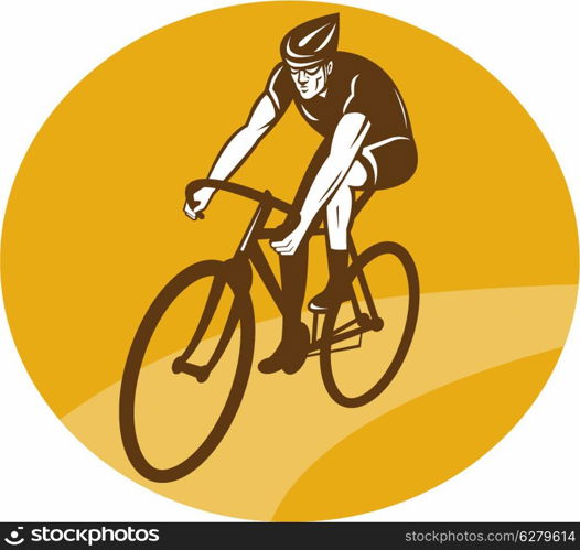 illustration of a Cyclist riding racing bike set inside oval viewed from front done in retro woodcut style.. Cyclist riding racing bike