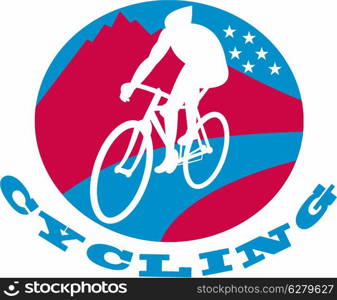 "illustration of a Cyclist riding racing bike set inside oval with road mountains and stars and words "cycling""