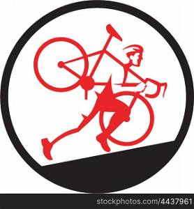 Illustration of a cyclocross athlete carrying bicycle on shoulder running uphill viewed from the side set inside circle on isolated background done in retro style. . Cyclocross Athlete Running Uphill Circle