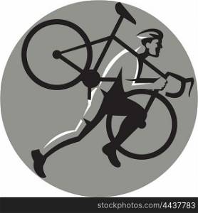 Illustration of a cyclocross athlete running carrying bicycle on shoulder viewed from the side set inside circle on isolated background done in retro style. . Cyclocross Athlete Carrying Bicycle Circle Retro