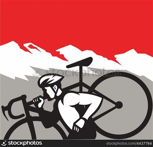 Illustration of a cyclocross athlete running carrying bicycle on shoulder viewed from the side set inside square shape with alps mountain in the background done in retro style. . Cyclocross Athlete Running Carrying Bike Alps Retro