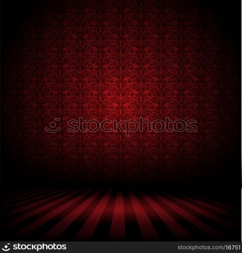 Illustration of a dark interior with a Damask wallpaper