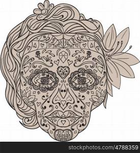 Illustration of a decorated female sugar skull or calavera with hair and flowers viewed from front to commemorate the Day of the Dead on isolated white background done in retro style. . Female Sugar Skull Calavera Retro