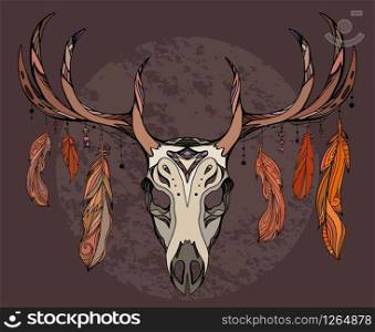 Illustration of a deer skull with feathers. Sketch of tattoo sticker.. Illustration of a deer skull with feathers. Sketch of tattoo sti