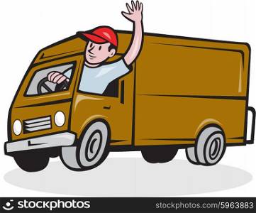 Illustration of a delivery man wearing hat waving driving delivery van truck set inside circle on isolated background done in cartoon style.