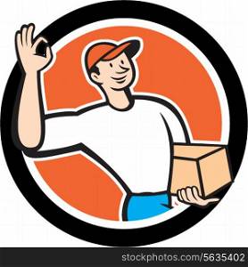 Illustration of a delivery man worker waving okay sign delivering carrying parcel package carton box set inside circle on isolated background done in cartoon style.. Delivery Man Okay Sign Parcel Circle Cartoon