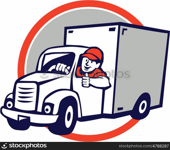 Illustration of a delivery van driver driving doing a thumbs up set inside circle done in cartoon style.