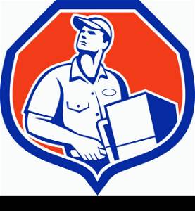 Illustration of a delivery worker delivering parcel package carton box showing on a dolly hand trolley set inside shield crest on isolated background done in retro style.. Delivery Worker Deliver Package Carton Box Retro