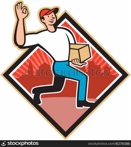 Illustration of a delivery worker delivering parcel package carton showing okay hand sign on isolated white background done in cartoon style.. Delivery Worker Deliver Package Cartoon