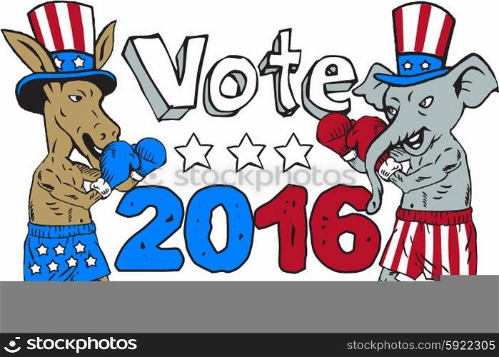 Illustration of a democrat donkey boxer mascot and republican elephant boxer mascot wearing gloves and hat with stars and stripes design facing each other in a fighting stance pose with the words Vote 2016 done in cartoon style. . Vote 2016 Donkey Boxer and Elephant Mascot Cartoon