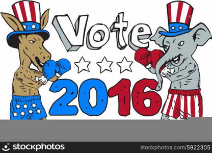 Illustration of a democrat donkey boxer mascot and republican elephant boxer mascot wearing gloves and hat with stars and stripes design facing each other in a fighting stance pose with the words Vote 2016 done in cartoon style. . Vote 2016 Donkey Boxer and Elephant Mascot Cartoon