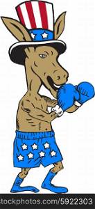 Illustration of a democrat donkey boxer mascot of the democratic grand old party gop wearing gloves and hat with stars and stripes design in a fighting stance pose set on isolated white background done in cartoon style. . Democrat Donkey Boxer Mascot Cartoon