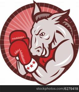 Illustration of a democrat donkey mascot boxer boxing with gloves set inside circle done in retro style.. Democrat Donkey Mascot Boxer Boxing Retro