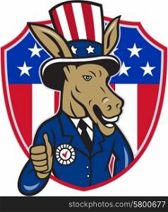 Illustration of a democrat donkey mascot of the democratic grand old party gop wearing hat and suit showing thumbs up set inside shield with american stars and stripes in the background done in cartoon style. . Democrat Donkey Mascot Thumbs Up Flag Cartoon