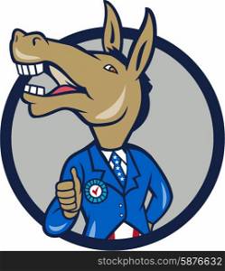 Illustration of a democrat donkey mascot of the democratic grand old party gop showing thumbs up looking to the side wearing american stars and stripes suit done in cartoon style set inside circle.. Democrat Donkey Mascot Thumbs Up Circle Cartoon