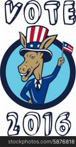 Illustration of a democrat donkey mascot of the democratic grand old party gop smiling looking to the side with one hand on hip and the other waving american usa flag up wearing american stars and stripes hat and suit done in cartoon style set inside circle with words Vote 2016.. Vote 2016 Democrat Donkey Mascot Flag Circle Cartoon