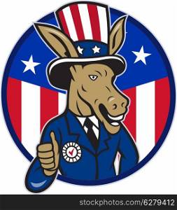 Illustration of a democrat donkey mascot of the democratic grand old party gop wearing hat and suit thumbs up set inside American stars and stripes flag circle done in cartoon style.. Democrat Donkey Mascot Thumbs Up Flag