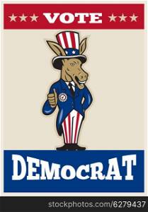 Illustration of a democrat donkey mascot of the democratic grand old party gop wearing hat showing thumbs up and American stars and stripes flag suit done in cartoon style with words vote democrat.