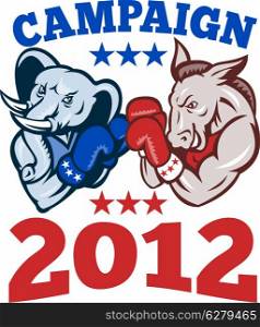 Illustration of a democrat donkey mascot of the democratic grand old party gop and republican elephant boxer boxing with gloves set inside circle done in retro style with words campaign 2012