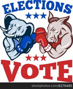Illustration of a democrat donkey mascot of the democratic grand old party gop and republican elephant boxer boxing with gloves set inside circle done in retro style with words elections vote