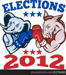Illustration of a democrat donkey mascot of the democratic grand old party gop and republican elephant boxer boxing with gloves set inside circle done in retro style with words elections 2012