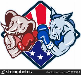 Illustration of a democrat donkey mascot of the democratic grand old party gop and republican elephant boxer boxing with gloves set inside diamond with American stars and stripes flag done in cartoon style.