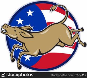 Illustration of a democrat donkey mascot of the democratic party jumping set inside american stars and stripes circle done in cartoon style.