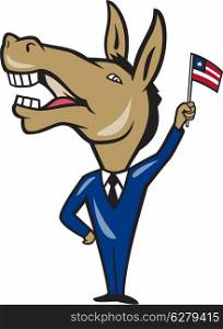 Illustration of a democrat donkey mascot of the democratic party waving american stars and stripes flag done in cartoon style.