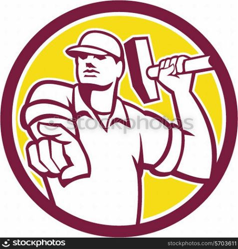 Illustration of a demolition worker pointing holding hammer set inside circle on isolated background done in retro style.. Demolition Worker Hammer Pointing Circle Retro
