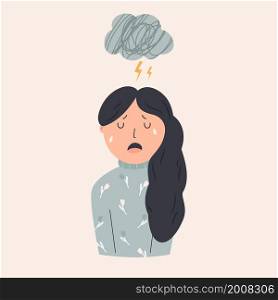 Illustration of a depressed crying girl and cloud of rain above her. Vector image in a modern flat style. Mental health concept. Illustration of a depressed crying girl and cloud of rain above her