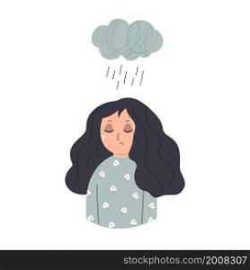 Illustration of a depressed girl and cloud of rain above her. Vector image in a modern flat style. Mental health concept. Illustration of a depressed girl and cloud of rain above her