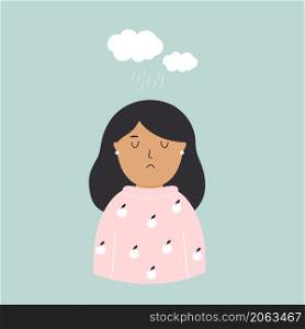 Illustration of a depressed girl and cloud of rain above her. Vector image in a modern flat style. Mental health concept. Illustration of a depressed girl and cloud of rain above her