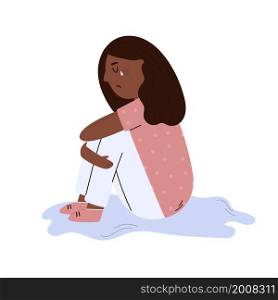 Illustration of a depressed girl sitting and hugging knees. Vector image in a modern flat style. Mental health concept. Illustration of a depressed girl sitting and hugging knees.