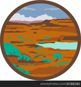 Illustration of a desert or arid steppe with water basin lake set inside circle done in retro style. . Desert Scene Circle Retro